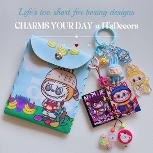 Iridescent Beaded Bag Charm with Labubu Figure: Handmade Keychain Phone Strap